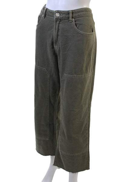 Zara Women Cargo Cropped Green Pants Mid-Rise 100% Cotton Size 30