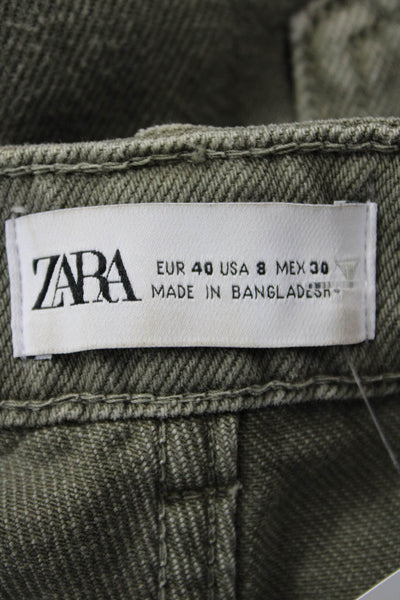 Zara Women Cargo Cropped Green Pants Mid-Rise 100% Cotton Size 30