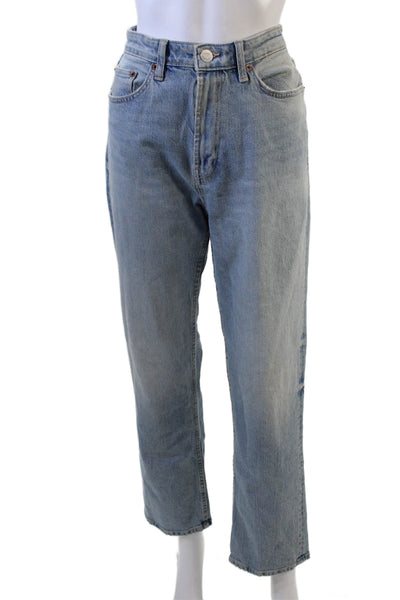 Zara Women Mom Cropped Jeans Light Blue Mid-Rise Cotton Blend Size 28