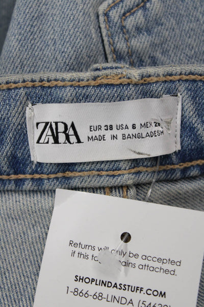 Zara Women Mom Cropped Jeans Light Blue Mid-Rise Cotton Blend Size 28