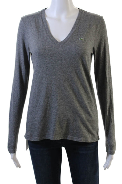 Lacoste Womens Long Sleeves V Neck Tee Shirt Grey Cotton Size EUR 36