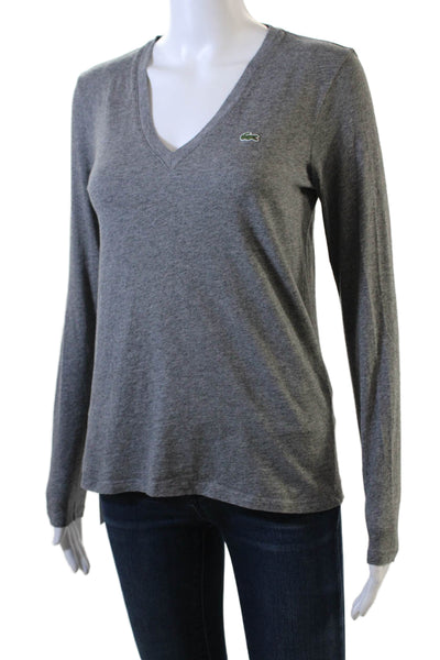Lacoste Womens Long Sleeves V Neck Tee Shirt Grey Cotton Size EUR 36