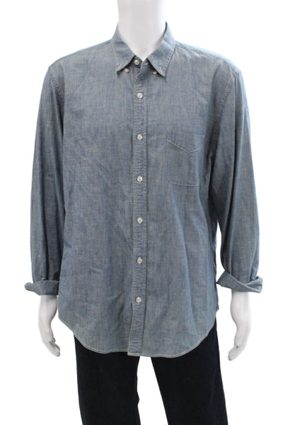 J Crew Mens Button Front Long Sleeve Collared Shirt Blue Cotton Size XL
