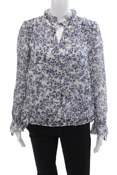 Intermix Womens Silk Floral Print Pullover Long Sleeve Blouse Top Blue Size P