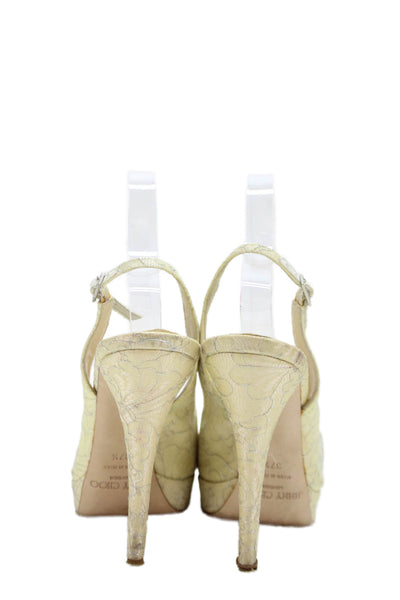 Jimmy Choo Womens Metallic Lace Platform Peep Toe Slingback Beige Size 7.5