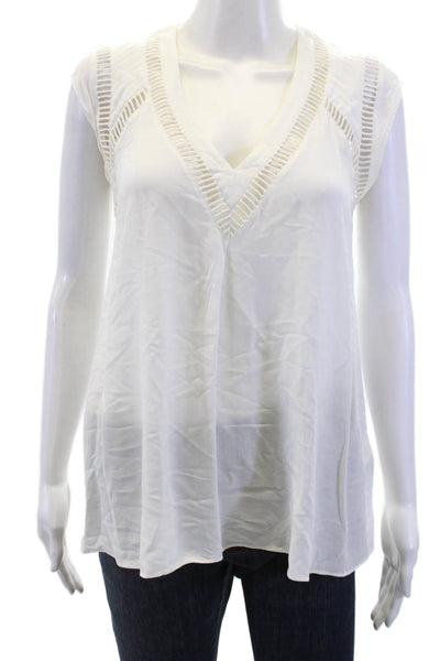 Rebecca Taylor Women's V-Neck Sleeveless Mesh Trim  Blouse White Size 4