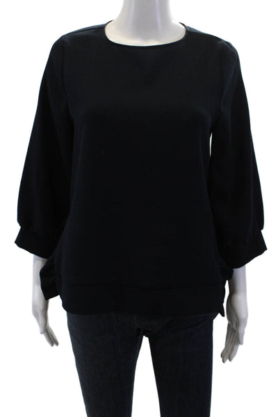 Zara Women's Puff Sleeves Ruffle Slit Hem Blouse Navy Blue Size M