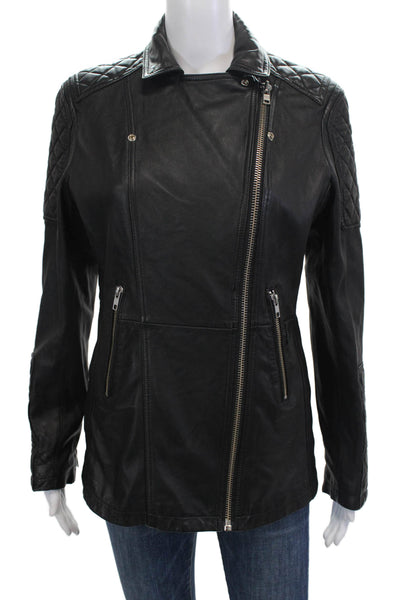 Samantha Sipos Womens Front Zip Quilted Trim Collared Leather Jacket Black Small
