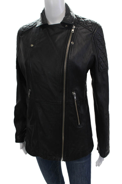 Samantha Sipos Womens Front Zip Quilted Trim Collared Leather Jacket Black Small