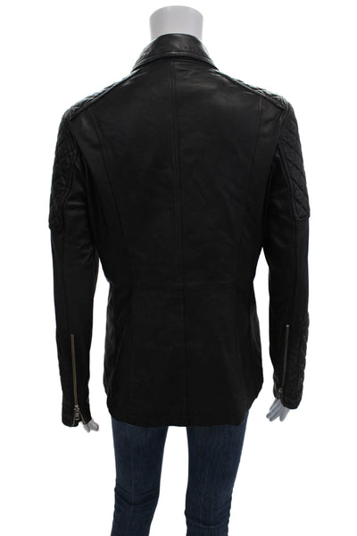 Samantha Sipos Womens Front Zip Quilted Trim Collared Leather Jacket Black Small
