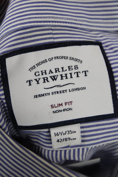 Charles Tyrwhitt Womens Collared Striped Print Button Down Shirt Blue Size 16.5