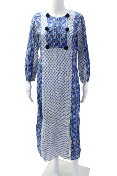 Figue Womens Cotton Floral Print Long Sleeve Pom Pom Detail Dress Blue Size XS