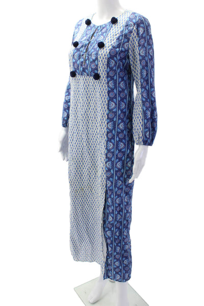 Figue Womens Cotton Floral Print Long Sleeve Pom Pom Detail Dress Blue Size XS