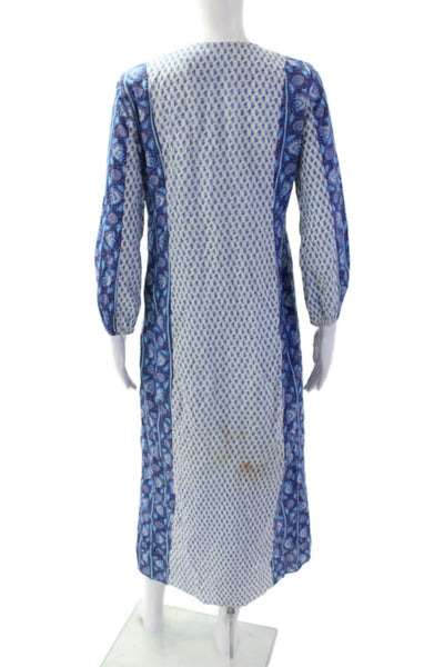 Figue Womens Cotton Floral Print Long Sleeve Pom Pom Detail Dress Blue Size XS
