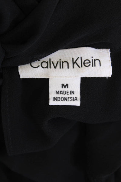 Calvin Klein Womens Chiffon Long Puff Sleeve Bow Collar Blouse Black Size M