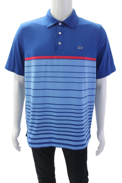 Vineyard Vines Mens Short Sleeve V-neck Stripe Polo Top Blue Size M