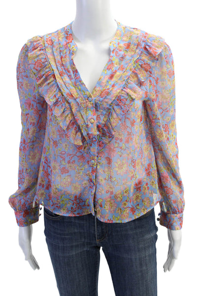 Zara Womens Floral Ruffle Tim Long Sleeve Blouse Top Blue Size XS