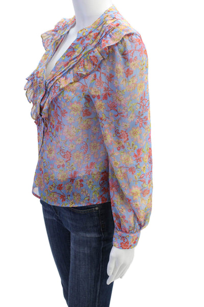Zara Womens Floral Ruffle Tim Long Sleeve Blouse Top Blue Size XS
