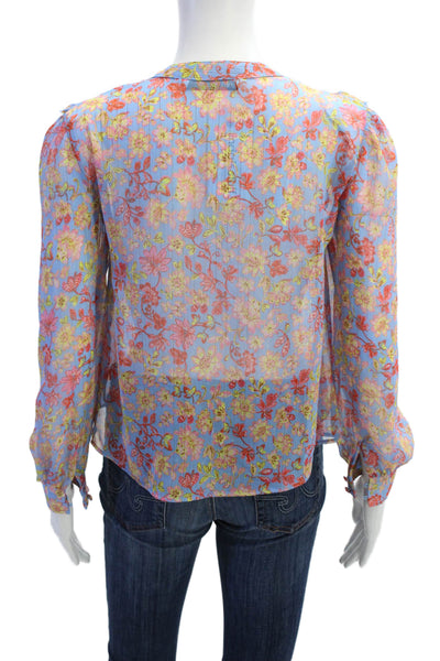 Zara Womens Floral Ruffle Tim Long Sleeve Blouse Top Blue Size XS