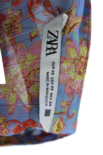 Zara Womens Floral Ruffle Tim Long Sleeve Blouse Top Blue Size XS
