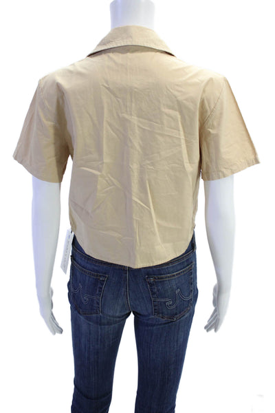 Stateside Womens Cotton Short Sleeve Button Up Blouse Top Beige Size S
