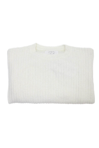 Zara Girls Long Sleeve Round Neck Crop Knit Sweater White Size 6-7Y