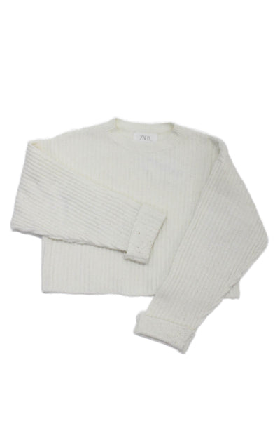 Zara Girls Long Sleeve Round Neck Crop Knit Sweater White Size 6-7Y