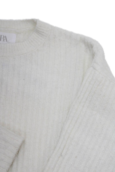 Zara Girls Long Sleeve Round Neck Crop Knit Sweater White Size 6-7Y