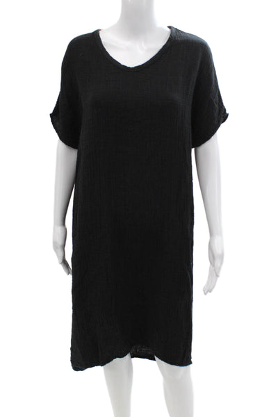 Designer Womens Short Sleeve V-Neck Shift Dress Black 100% Cotton Size S