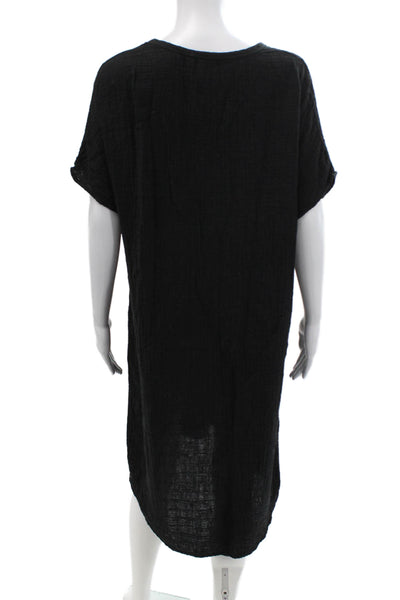 Designer Womens Short Sleeve V-Neck Shift Dress Black 100% Cotton Size S