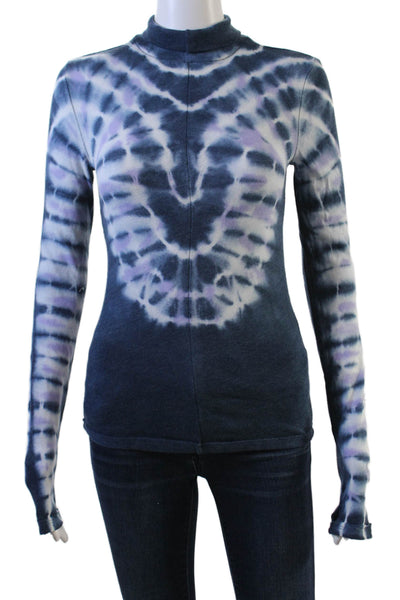 We The Free Womens Cotton Turtleneck Long Sleeve Tie Dye Shirt Blue Size XS