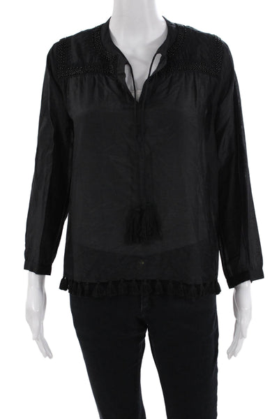 Roller Rabbit Womens Cotton Blend Beaded Blouse Top Black Size XS