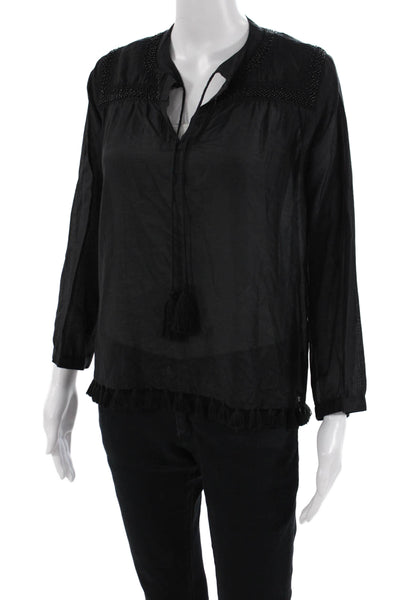 Roller Rabbit Womens Cotton Blend Beaded Blouse Top Black Size XS