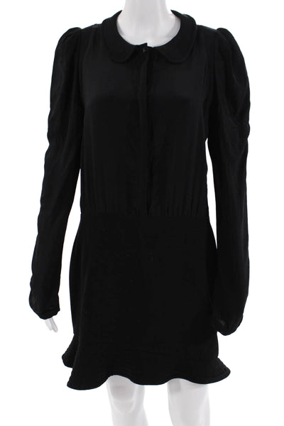 Maje Women Mini Shirt Dress Black 100% Silk Collared Long Sleeve Button Size 40