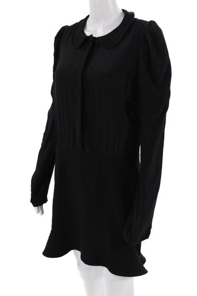 Maje Women Mini Shirt Dress Black 100% Silk Collared Long Sleeve Button Size 40