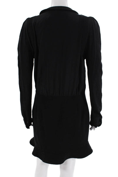 Maje Women Mini Shirt Dress Black 100% Silk Collared Long Sleeve Button Size 40