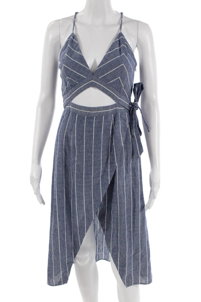 Saylor Women Blue Striped Cotton Sundress V-Neck Sleeveless Mid-Calf Size XS