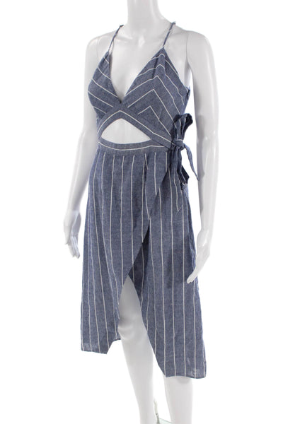Saylor Women Blue Striped Cotton Sundress V-Neck Sleeveless Mid-Calf Size XS