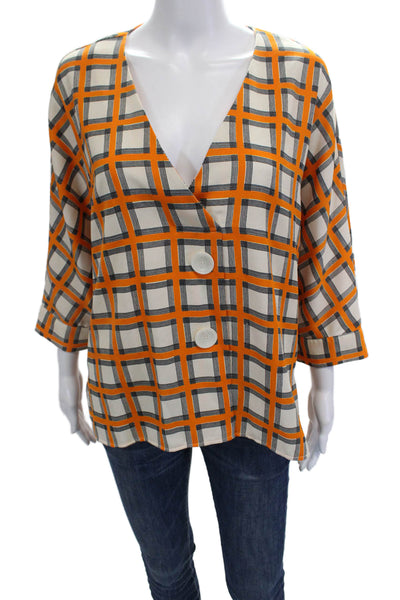Zara Woman Womens Plaid Print V-Neck Short Sleeve Buttoned Shirt Orange Size M