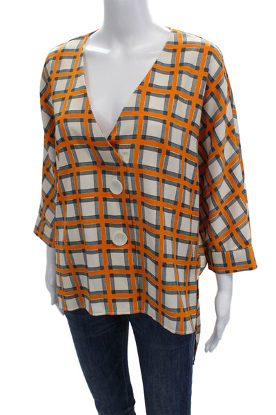 Zara Woman Womens Plaid Print V-Neck Short Sleeve Buttoned Shirt Orange Size M