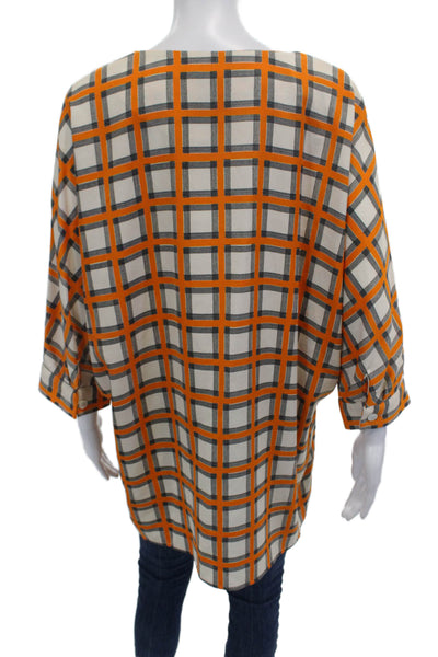 Zara Woman Womens Plaid Print V-Neck Short Sleeve Buttoned Shirt Orange Size M