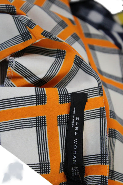 Zara Woman Womens Plaid Print V-Neck Short Sleeve Buttoned Shirt Orange Size M