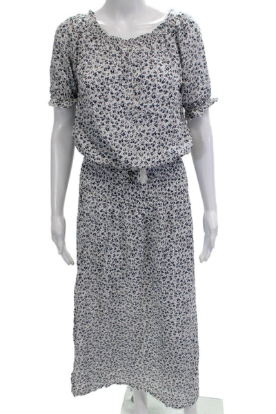 Auguste Women Maxi Blouson Dress White Floral Short Sleeve Cotton Size 6