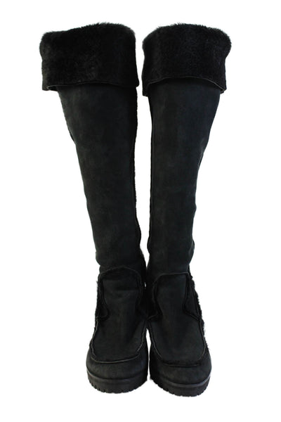Fendi Womens Suede Faux Lines Round Toe Block Heel Mid-Calf Boots Black Size 10