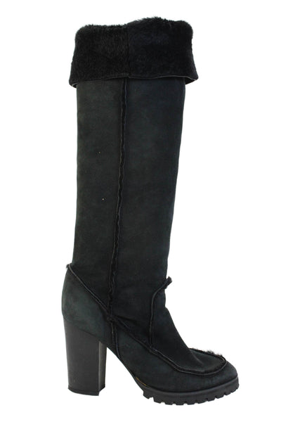 Fendi Womens Suede Faux Lines Round Toe Block Heel Mid-Calf Boots Black Size 10