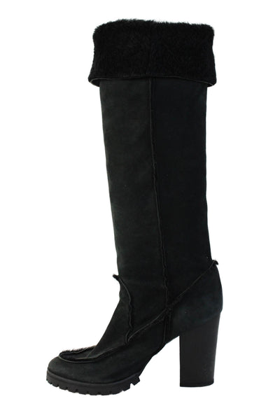 Fendi Womens Suede Faux Lines Round Toe Block Heel Mid-Calf Boots Black Size 10
