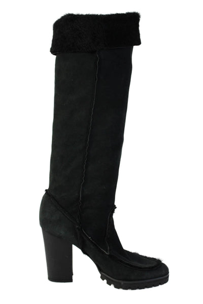 Fendi Womens Suede Faux Lines Round Toe Block Heel Mid-Calf Boots Black Size 10