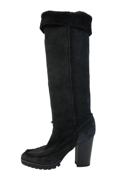 Fendi Womens Suede Faux Lines Round Toe Block Heel Mid-Calf Boots Black Size 10