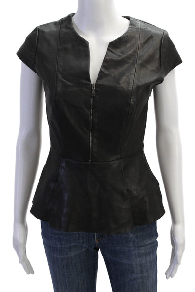 Elie Tahari Womens Side Zip Short Sleeve V Neck Leather Blouse Black Size XS