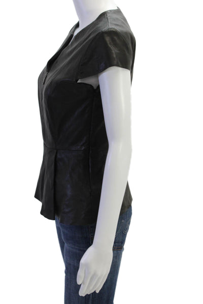 Elie Tahari Womens Side Zip Short Sleeve V Neck Leather Blouse Black Size XS